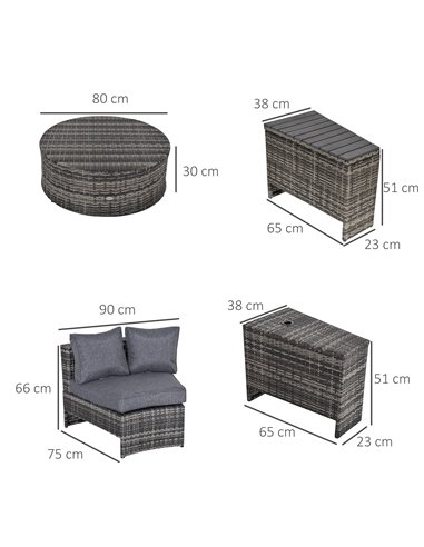 Outsunny 4-Seater Outdoor PE Rattan Wicker Sofa Set Half Round Conversation w/ 1 Umbrella Hole Side Table and 2 Storage Side Tab