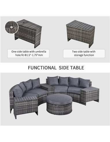 Outsunny 4-Seater Outdoor PE Rattan Wicker Sofa Set Half Round Conversation w/ 1 Umbrella Hole Side Table and 2 Storage Side Tab