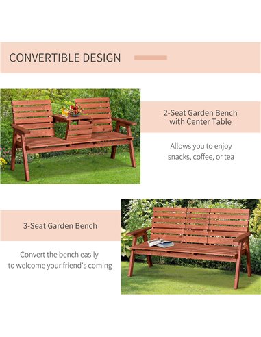 Outsunny Garden Wooden Convertible 2-3 Seater Bench or Companion Chair Loveseat Patio Partner Bench with Middle Table 84B-395