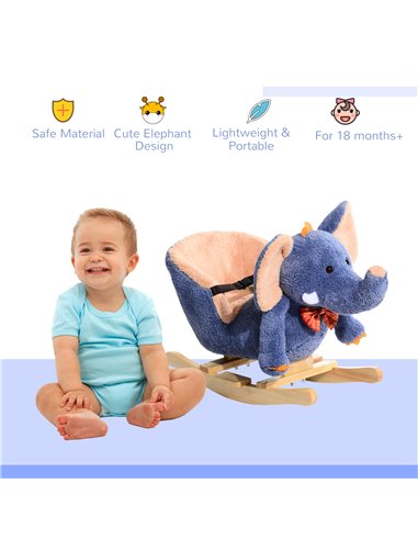 HOMCOM Children Kids Rocking Horse Toys Plush Elephant Rocker Seat with Sound Toddler Baby Gift Blue