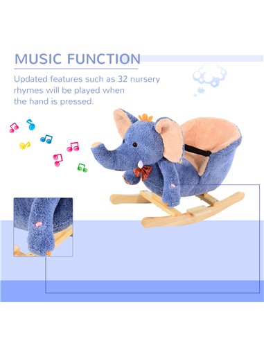 HOMCOM Children Kids Rocking Horse Toys Plush Elephant Rocker Seat with Sound Toddler Baby Gift Blue