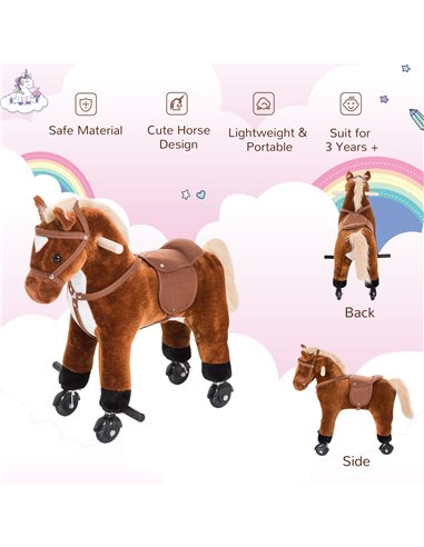 HOMCOM Rocking Horse Plush Kids Ride on Gift Wooden Action Pony Wheeled Walking Riding Little Baby Toy W/Sound-Brown