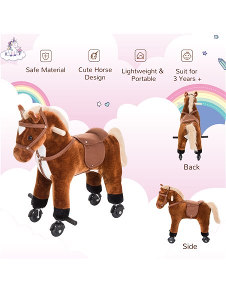 HOMCOM Rocking Horse Plush Kids Ride on Gift Wooden Action Pony Wheeled Walking Riding Little Baby Toy W/Sound-Brown - pic 5768 | FastDaddyshop