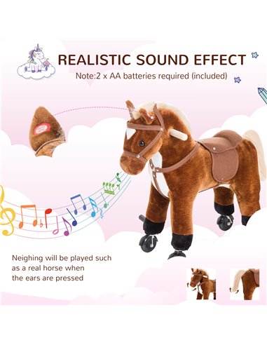 HOMCOM Rocking Horse Plush Kids Ride on Gift Wooden Action Pony Wheeled Walking Riding Little Baby Toy W/Sound-Brown