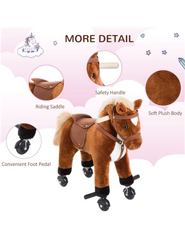 HOMCOM Rocking Horse Plush Kids Ride on Gift Wooden Action Pony Wheeled Walking Riding Little Baby Toy W/Sound-Brown