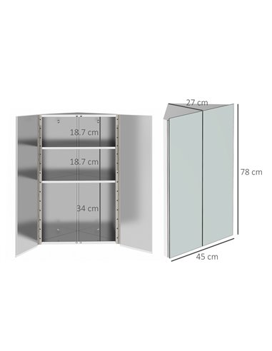 kleankin Corner Mirrored Bathroom Cabinet w/ 3 Shelves 2 Doors On-Wall Storage Unit Organiser Stainless Steel Frame Home Furnish