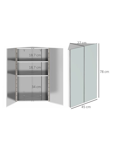 kleankin Corner Mirrored Bathroom Cabinet w/ 3 Shelves 2 Doors On-Wall Storage Unit Organiser Stainless Steel Frame Home Furnish - pic 57718 | FastDaddyshop