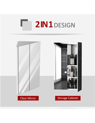 kleankin Corner Mirrored Bathroom Cabinet w/ 3 Shelves 2 Doors On-Wall Storage Unit Organiser Stainless Steel Frame Home Furnish