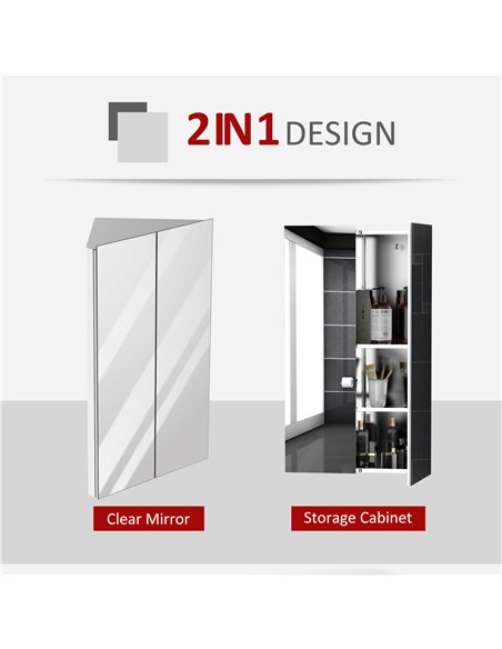 kleankin Corner Mirrored Bathroom Cabinet w/ 3 Shelves 2 Doors On-Wall Storage Unit Organiser Stainless Steel Frame Home Furnish - pic 57719 | FastDaddyshop