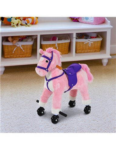 HOMCOM Rocking Horse W/Rolling Wheels and Sound-Pink