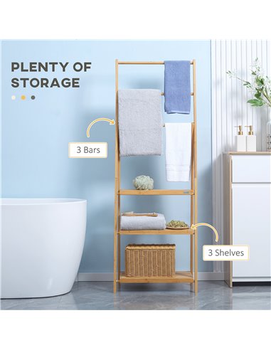 Kleankin Bamboo Towel Stand Freestanding with 3 Rails & 3 Shelves, Foldable Towel Holder for Bathroom, Space-Efficient 850-244V0