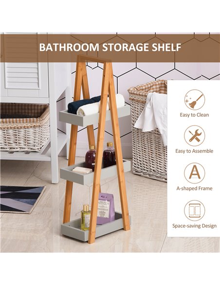 Kleankin Freestanding Bathroom Storage, 3-Tier Bamboo Shelving Unit, Slim A-Frame Design for Space Saving, Natural 834-100V01GY - pic 57764 | FastDaddyshop