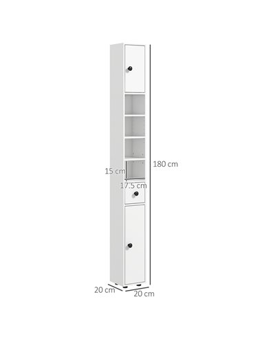 Kleankin 180cm Tall Slim Bathroom Cabinet, Narrow Toilet Roll Storage w/ Open Shelves, 2 Door Cabinets, Adjustable Shelves, for 