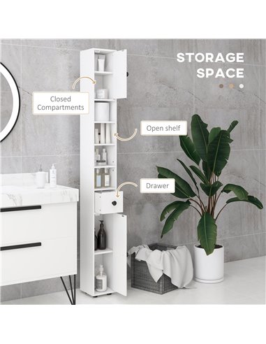 Kleankin 180cm Tall Slim Bathroom Cabinet, Narrow Toilet Roll Storage w/ Open Shelves, 2 Door Cabinets, Adjustable Shelves, for 