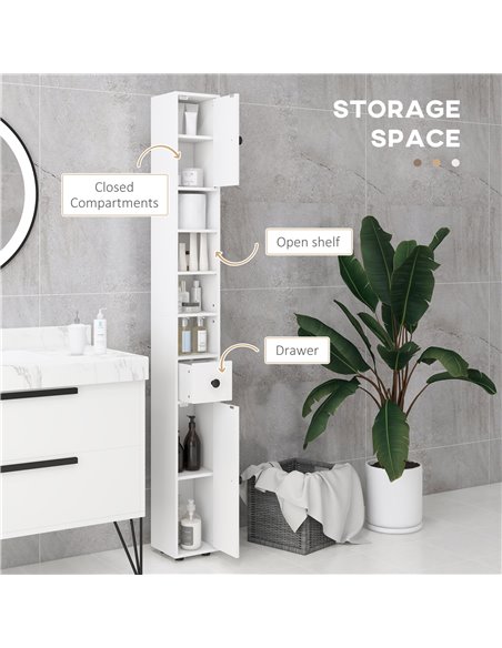 Kleankin 180cm Tall Slim Bathroom Cabinet, Narrow Toilet Roll Storage w/ Open Shelves, 2 Door Cabinets, Adjustable Shelves, for  - pic 57782 | FastDaddyshop
