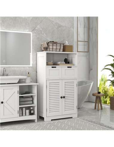 Kleankin Louvred Door Bathroom Storage Unit, Floor Cabinet with Drawers, Open Shelf, Adjustable Shelf, White 834-666V80WT