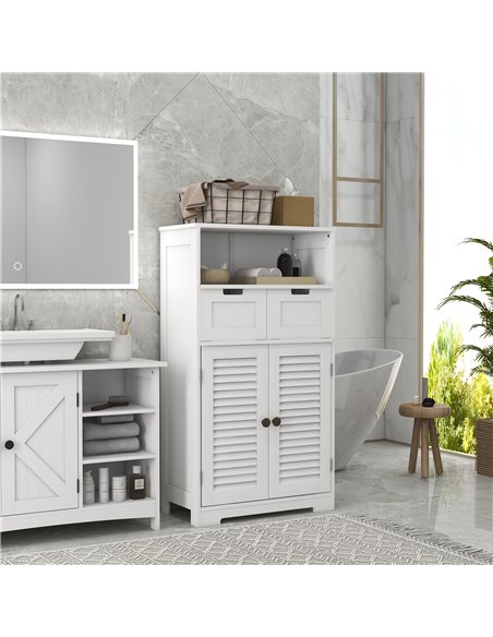Kleankin Louvred Door Bathroom Storage Unit, Floor Cabinet with Drawers, Open Shelf, Adjustable Shelf, White 834-666V80WT - pic 57789 | FastDaddyshop
