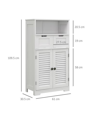 Kleankin Louvred Door Bathroom Storage Unit, Floor Cabinet with Drawers, Open Shelf, Adjustable Shelf, White 834-666V80WT