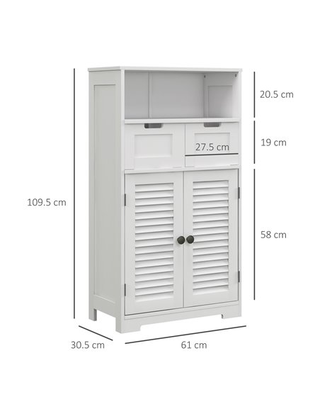 Kleankin Louvred Door Bathroom Storage Unit, Floor Cabinet with Drawers, Open Shelf, Adjustable Shelf, White 834-666V80WT - pic 57790 | FastDaddyshop