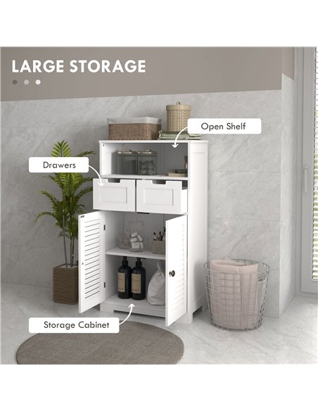 Kleankin Louvred Door Bathroom Storage Unit, Floor Cabinet with Drawers, Open Shelf, Adjustable Shelf, White 834-666V80WT - pic 57791 | FastDaddyshop