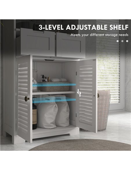 Kleankin Louvred Door Bathroom Storage Unit, Floor Cabinet with Drawers, Open Shelf, Adjustable Shelf, White 834-666V80WT - pic 57792 | FastDaddyshop