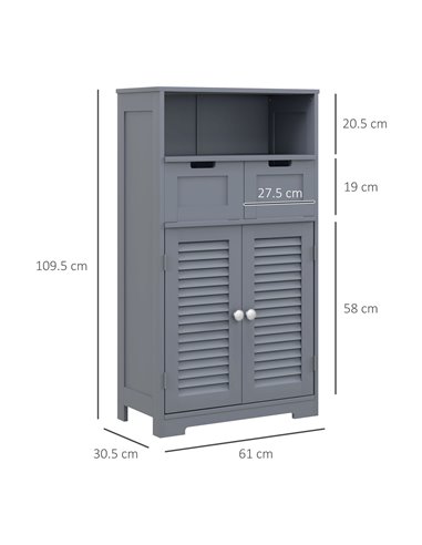 Kleankin Bathroom Storage Cabinet with Drawers, Louvred Doors, Open Compartment, Adjustable Shelf, Grey 834-666V80GY