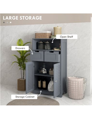 Kleankin Bathroom Storage Cabinet with Drawers, Louvred Doors, Open Compartment, Adjustable Shelf, Grey 834-666V80GY
