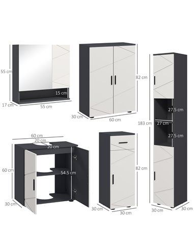 Kleankin 5-Piece Grey Bathroom Furniture Set, Storage Cabinets with Doors, Shelves, Wall-mounted Mirror Cabinet, Pedestal Sink U