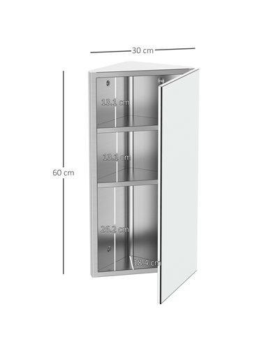 HOMCOM Mirror Cabinet for Bathroom Mirror Cupboard Corner Stainless Steel Wall mounted Single Door 300mm (W) 02-0551
