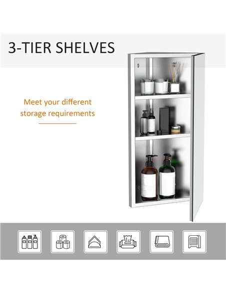 HOMCOM Mirror Cabinet for Bathroom Mirror Cupboard Corner Stainless Steel Wall mounted Single Door 300mm (W) 02-0551 - pic 57836 | FastDaddyshop