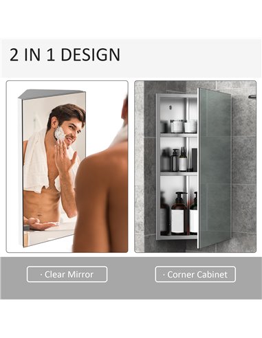 HOMCOM Mirror Cabinet for Bathroom Mirror Cupboard Corner Stainless Steel Wall mounted Single Door 300mm (W) 02-0551