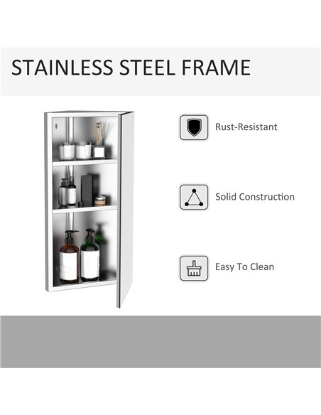 HOMCOM Mirror Cabinet for Bathroom Mirror Cupboard Corner Stainless Steel Wall mounted Single Door 300mm (W) 02-0551 - pic 57838 | FastDaddyshop