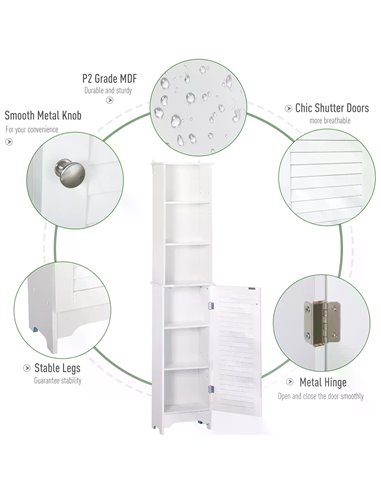 HOMCOM Freestanding Tallboy Bathroom Storage Cabinet w/ 6 Shelves Cupboard Tower Organisation Home Bathroom Furniture White 834-