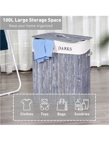 HOMCOM Wooden Laundry Hamper 100L, Collapsible Clothes Basket with Lid, Removable Liner, for Bedroom, Bathroom, 52x32x63cm, Grey