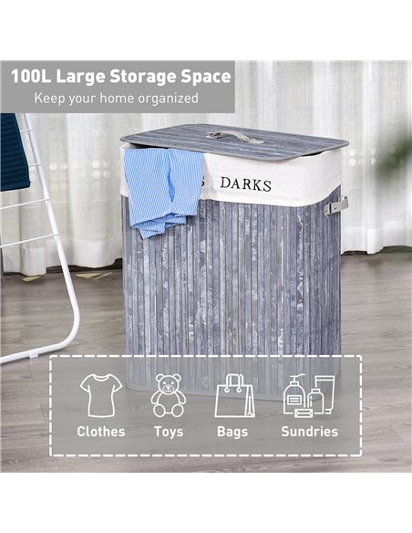 HOMCOM Wooden Laundry Hamper 100L, Collapsible Clothes Basket with Lid, Removable Liner, for Bedroom, Bathroom, 52x32x63cm, Grey - pic 57925 | FastDaddyshop