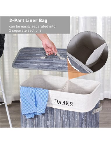 HOMCOM Wooden Laundry Hamper 100L, Collapsible Clothes Basket with Lid, Removable Liner, for Bedroom, Bathroom, 52x32x63cm, Grey
