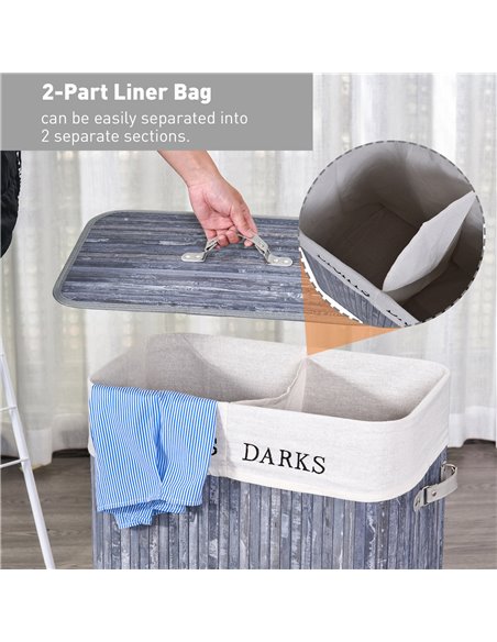 HOMCOM Wooden Laundry Hamper 100L, Collapsible Clothes Basket with Lid, Removable Liner, for Bedroom, Bathroom, 52x32x63cm, Grey - pic 57927 | FastDaddyshop