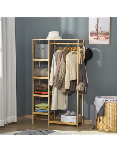 HOMCOM Bamboo Garment Rack, Clothes Rack with Storage Shelf, Hanging Rail and Side Hooks for Entryway, Bedroom, Bathroom and Off