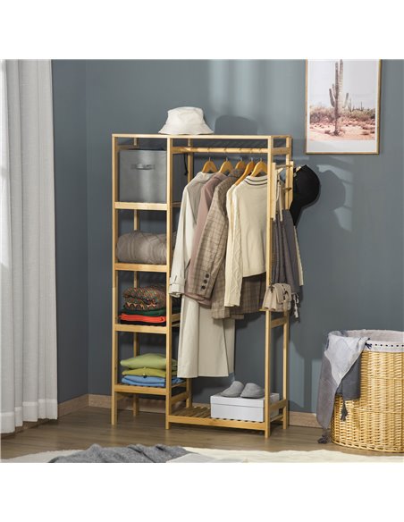 HOMCOM Bamboo Garment Rack, Clothes Rack with Storage Shelf, Hanging Rail and Side Hooks for Entryway, Bedroom, Bathroom and Off - pic 57950 | FastDaddyshop