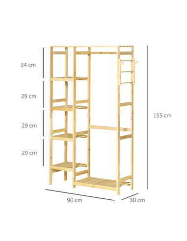 HOMCOM Bamboo Garment Rack, Clothes Rack with Storage Shelf, Hanging Rail and Side Hooks for Entryway, Bedroom, Bathroom and Off
