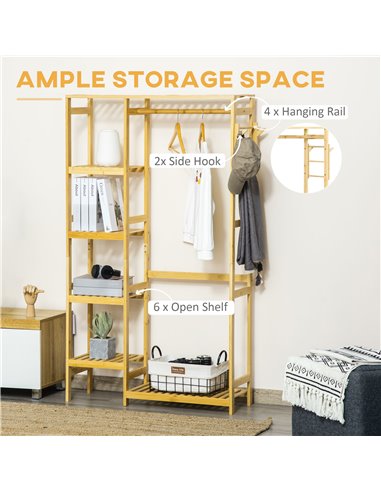 HOMCOM Bamboo Garment Rack, Clothes Rack with Storage Shelf, Hanging Rail and Side Hooks for Entryway, Bedroom, Bathroom and Off