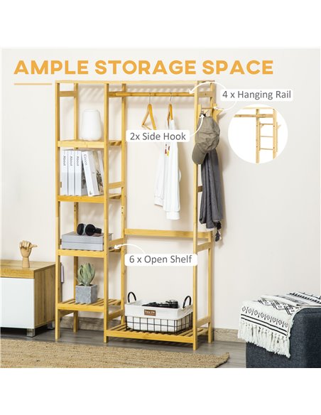 HOMCOM Bamboo Garment Rack, Clothes Rack with Storage Shelf, Hanging Rail and Side Hooks for Entryway, Bedroom, Bathroom and Off - pic 57952 | FastDaddyshop