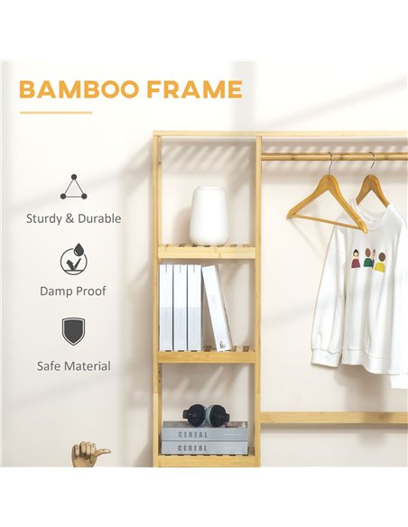 HOMCOM Bamboo Garment Rack, Clothes Rack with Storage Shelf, Hanging Rail and Side Hooks for Entryway, Bedroom, Bathroom and Off - pic 57953 | FastDaddyshop