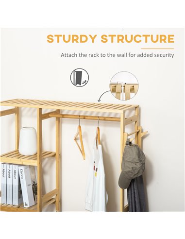 HOMCOM Bamboo Garment Rack, Clothes Rack with Storage Shelf, Hanging Rail and Side Hooks for Entryway, Bedroom, Bathroom and Off