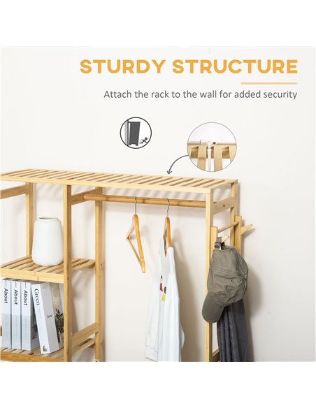 HOMCOM Bamboo Garment Rack, Clothes Rack with Storage Shelf, Hanging Rail and Side Hooks for Entryway, Bedroom, Bathroom and Off - pic 57955 | FastDaddyshop