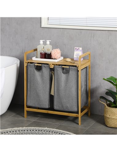 HOMCOM Bamboo Laundry Hamper with Shelf, Bedroom or Bathroom Laundry Basket with Pull-out Bags, 64x33x73 cm, Grey 850-254V00CG