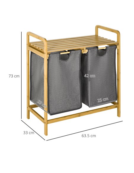 HOMCOM Bamboo Laundry Hamper with Shelf, Bedroom or Bathroom Laundry Basket with Pull-out Bags, 64x33x73 cm, Grey 850-254V00CG - pic 57960 | FastDaddyshop