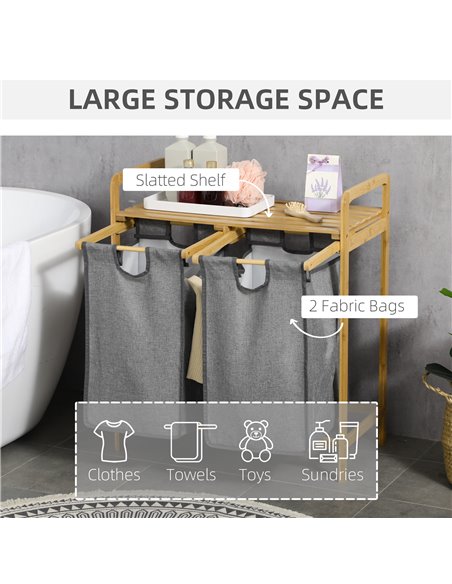 HOMCOM Bamboo Laundry Hamper with Shelf, Bedroom or Bathroom Laundry Basket with Pull-out Bags, 64x33x73 cm, Grey 850-254V00CG - pic 57961 | FastDaddyshop