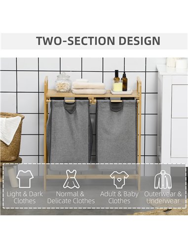 HOMCOM Bamboo Laundry Hamper with Shelf, Bedroom or Bathroom Laundry Basket with Pull-out Bags, 64x33x73 cm, Grey 850-254V00CG