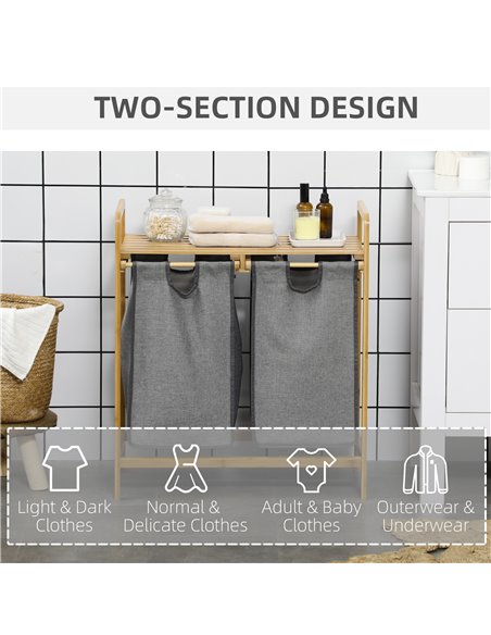 HOMCOM Bamboo Laundry Hamper with Shelf, Bedroom or Bathroom Laundry Basket with Pull-out Bags, 64x33x73 cm, Grey 850-254V00CG - pic 57963 | FastDaddyshop